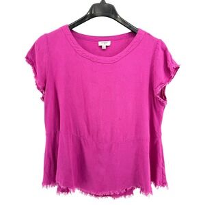 Umgee Womens Medium Pre-Owned Magenta Distressed Raw Hem Peplum Top Linen Blend